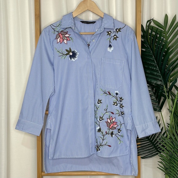 SOLD Zara Blue Striped Floral Embroidered Shirt L - Picture 2 of 8